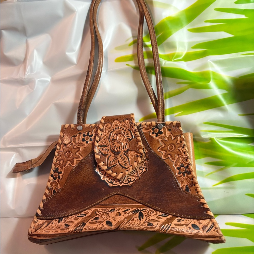 Vintage Leather Elegant Brown Floral Handbag